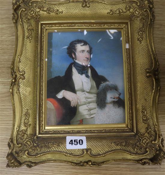 English School c.1840 Half length Portrait of a gentleman with a water spaniel 16 x 13cm